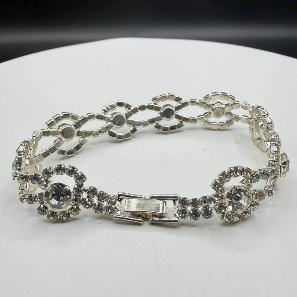 Clear Rhinestone Silver Tone Floral Link Bracelet Bridal Statement Jewelry Gift